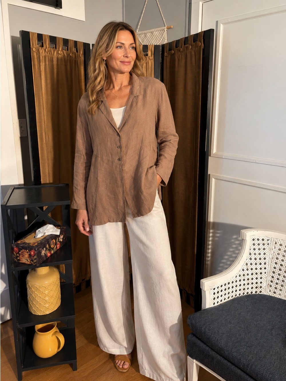 J. Jill Linen Light Brown Button-Front Blazer